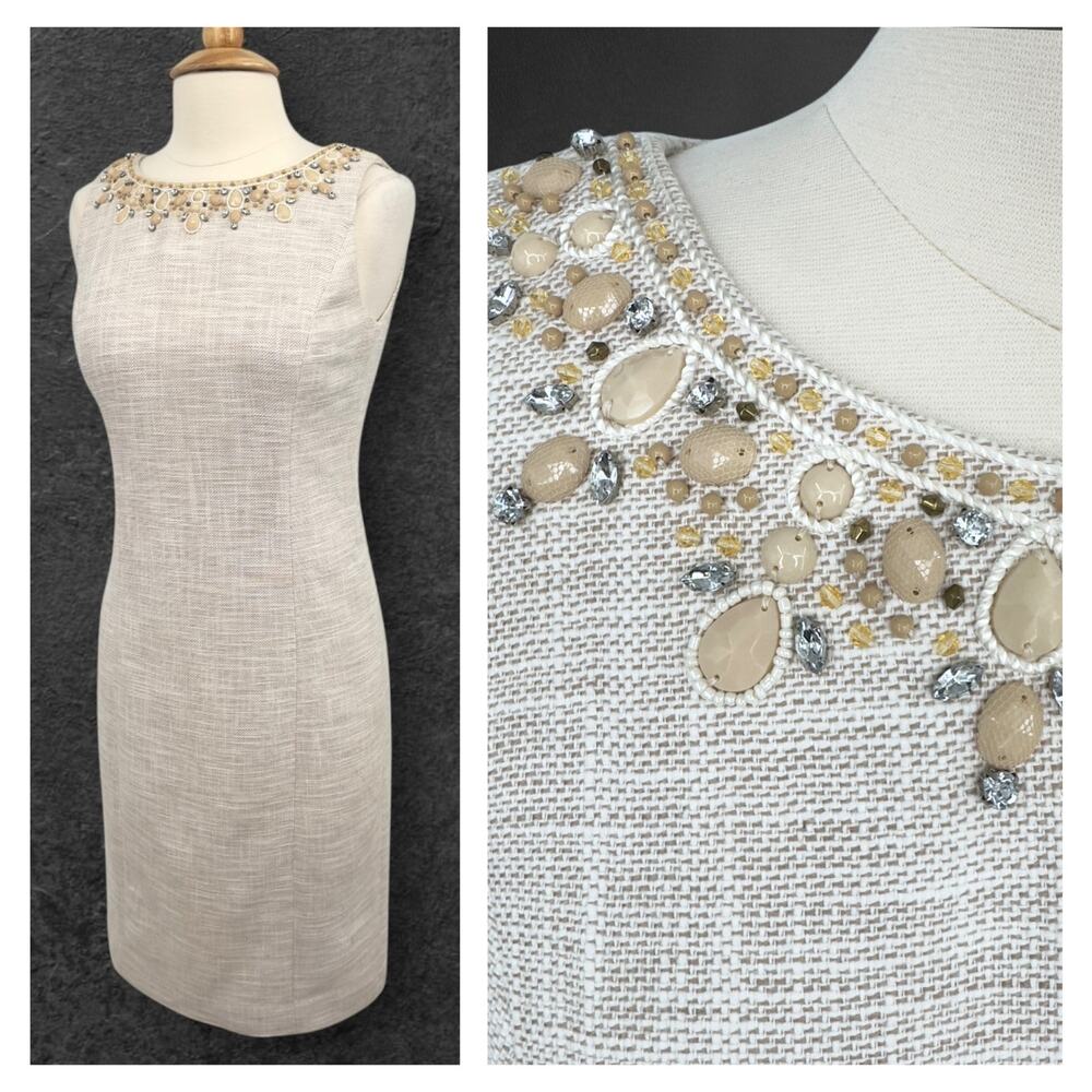 Talbots Beige Tweed Linen Blend Sheath Dress 8 Beaded Embellished Sleeveless - Picture 2 of 16